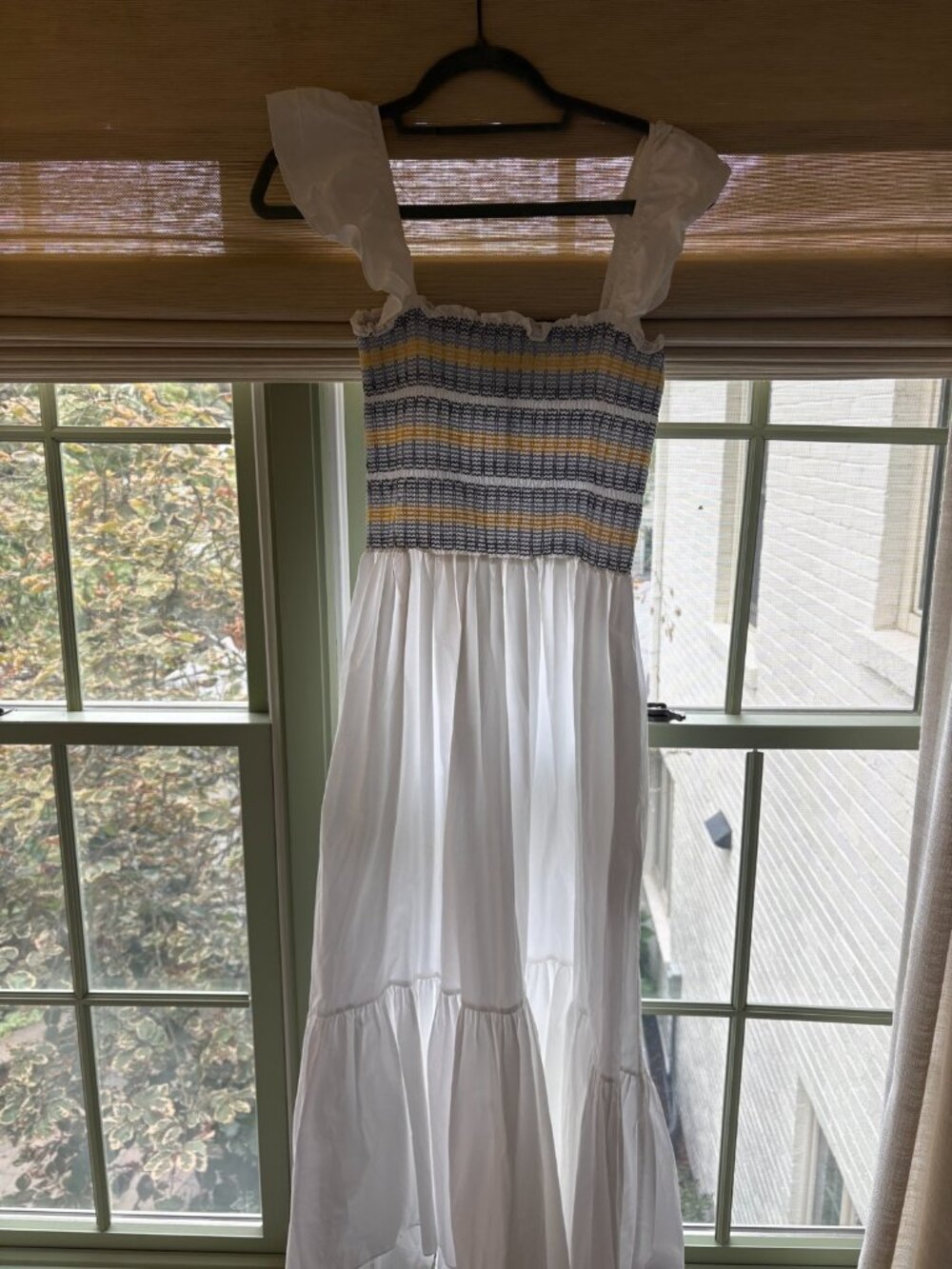 Cara Cara White Smocked Embroidered Midi Dress M